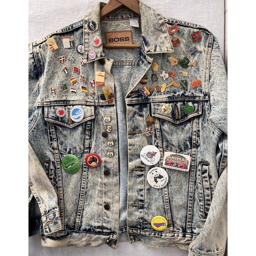 Vintage Biker Denim Jacket 80's Pins‎ Travel Motorcycle Boss Stone Wash Small